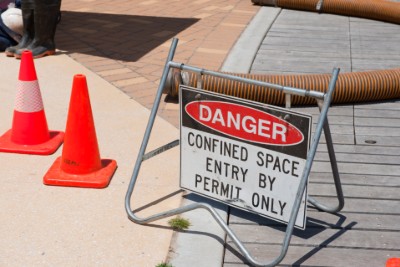 Confined space warning sign on sidewalk 
