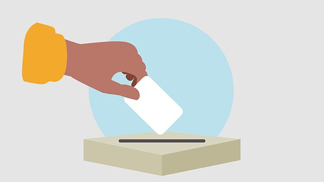 an illustration of a hand placing a ballot into a ballot box