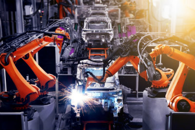Robot arms of working on an automobile production line