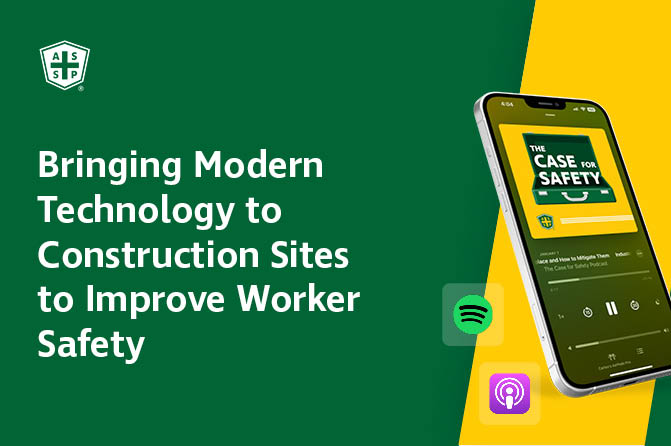 An image displaying a smartphone with the podcast "The Case for Safety" on screen. The background features logos for Spotify and Apple Podcasts. Text on the left reads, "Bringing Modern Technology to Construction Sites to Improve Worker Safety."