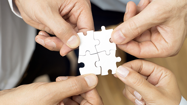 image of four hands holding puzzle pieces that are fit together in the middle