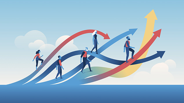 illustration of people walking along arrows moving in different patterns but the same direction